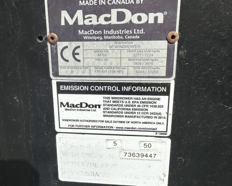 MacDon M155 Swather c/w 20′ Header