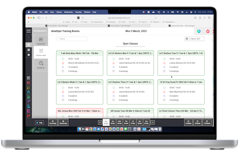 Salon Manager Classes screen for colleges