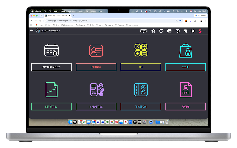 Salon Manager salon management software home screen displayed on a laptop, with appointments, clients, till, stock, reporting, marketing, price book and forms