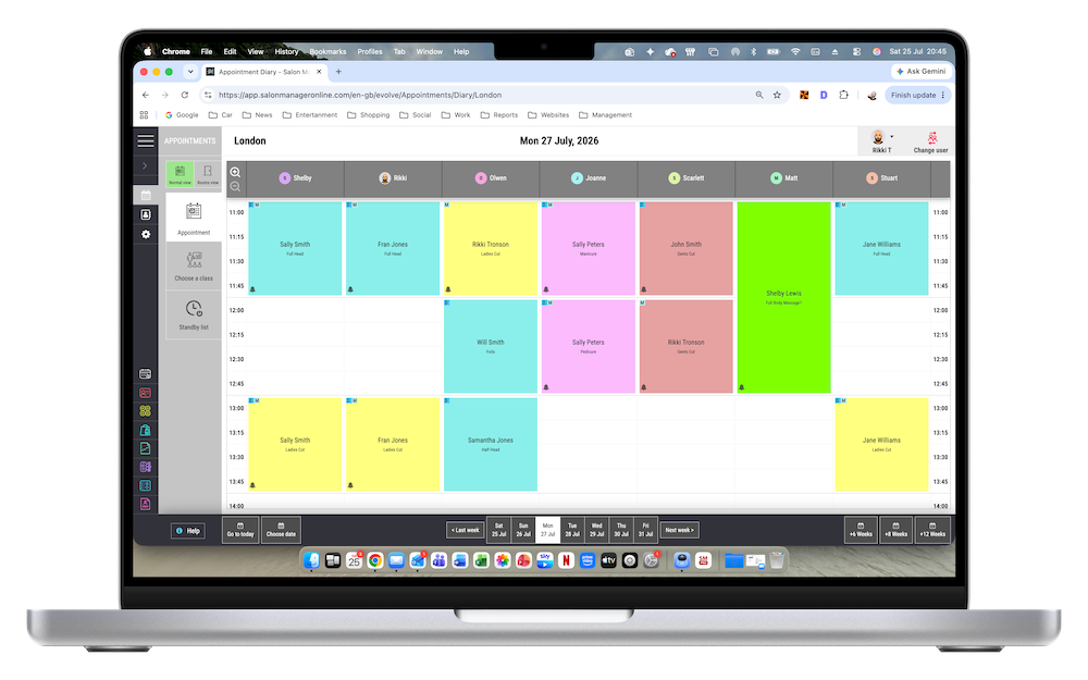 Salon Manager salon appointment book displayed on a laptop, showing team columns, client bookings, availability and diary gaps
