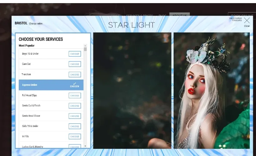 Example of a cool blue online booking design with artistic imagery