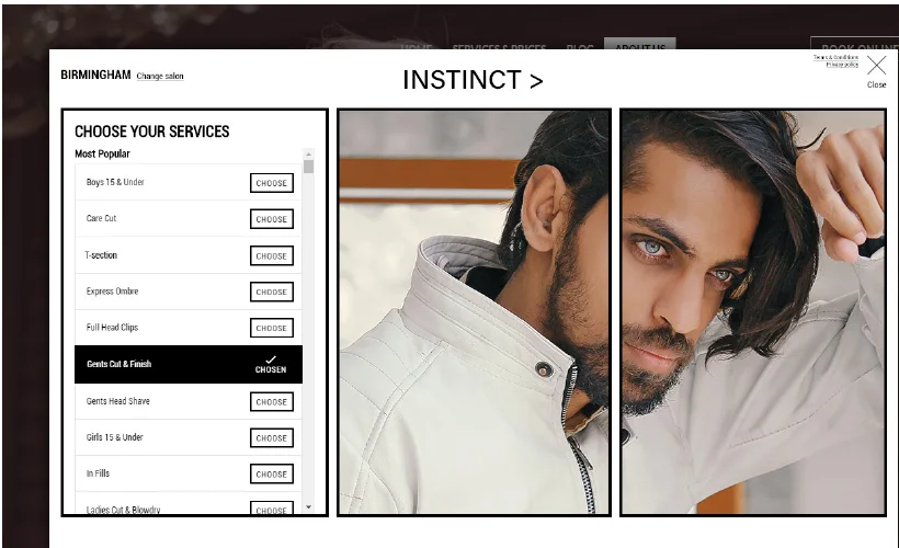 Example of a monochrome online booking design using clean editorial photography