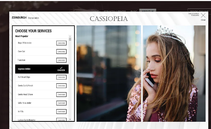 Example of a clean and neutral online booking design using light tones and lifestyle imagery