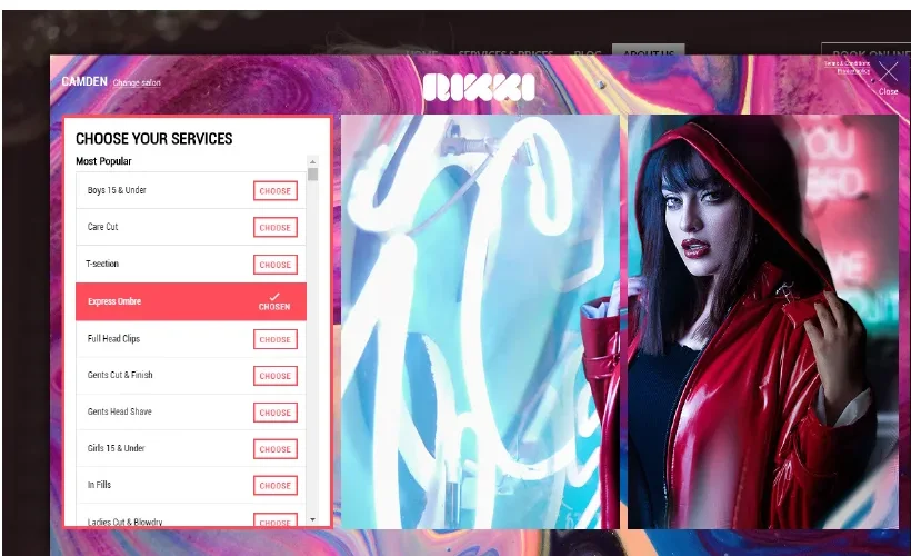 Example of a vibrant online booking design using bold pink accents and fashion imagery