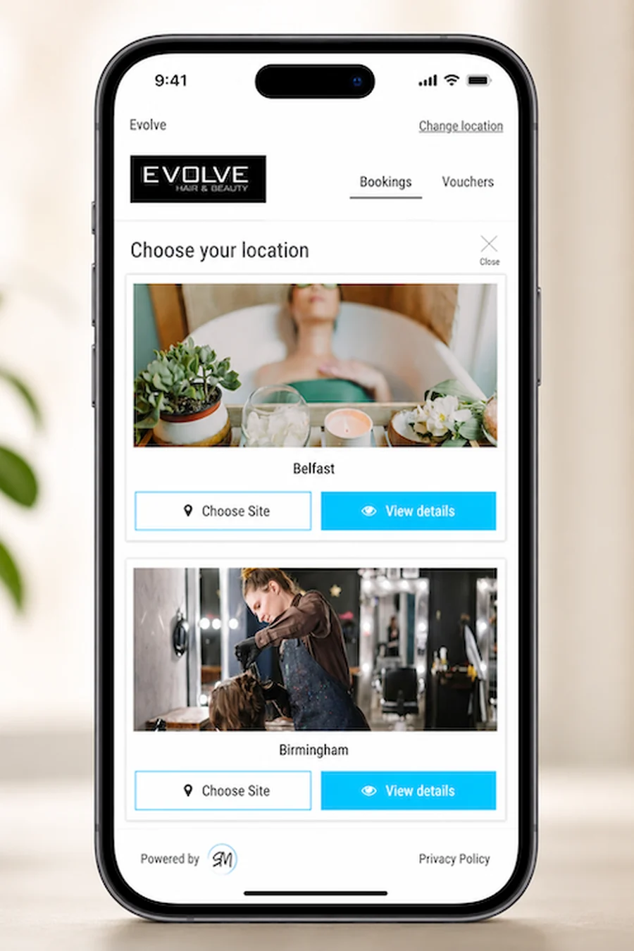 Salon Manager mobile online-booking screen with a choice of salon locations