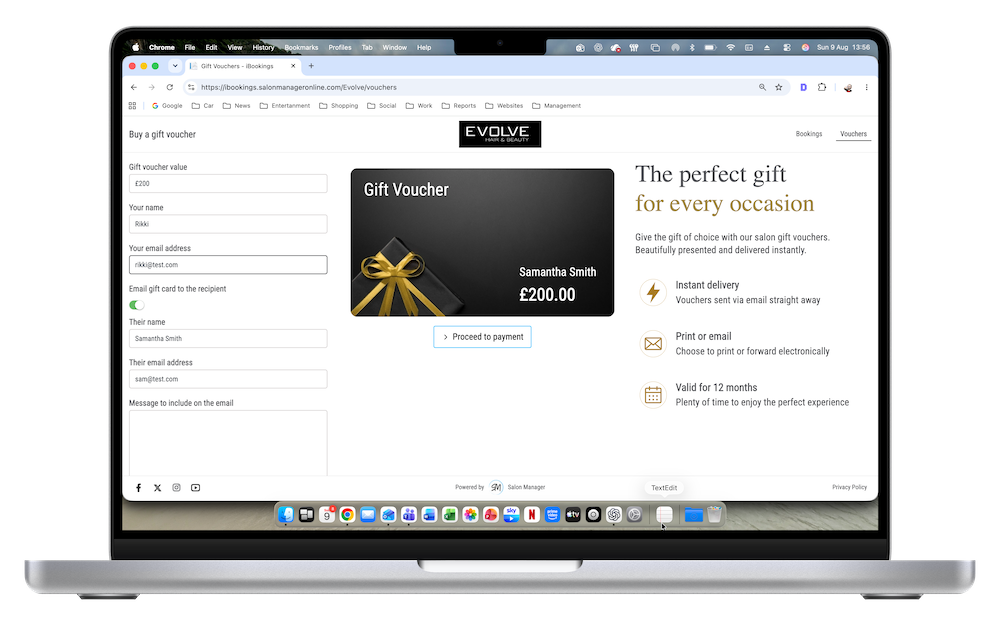 Salon Manager online gift voucher purchase screen